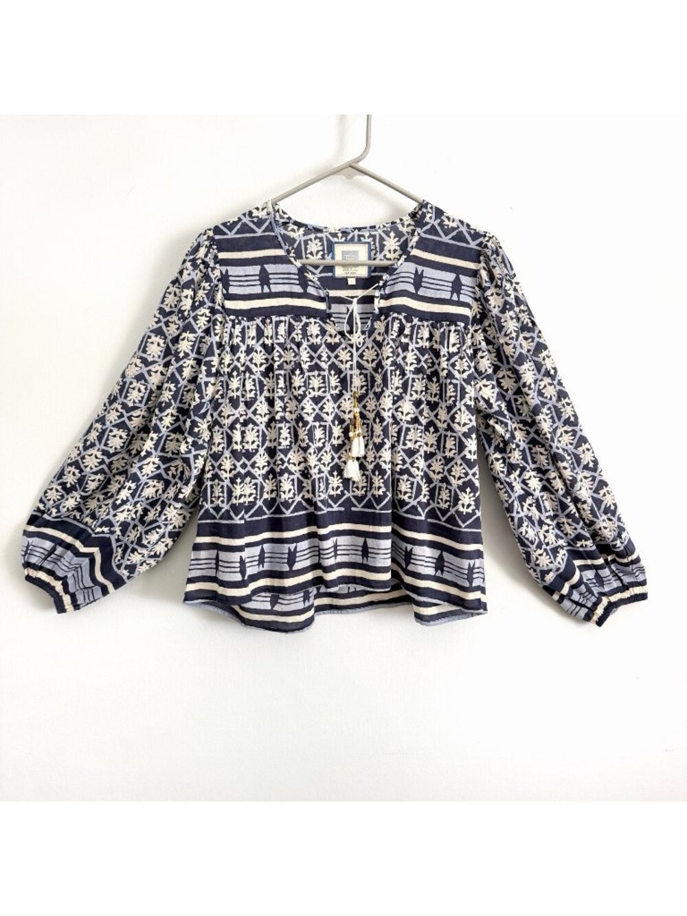 Bell By Alicia Bell Blue Floral Top Tassel Tie Cotton Blouse Women’s Size Small